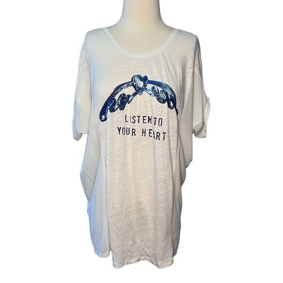 Mos Mosh Women's Cream Listen to Heart Peace Sequin Linen Size Medium Gosh Tee - Picture 1 of 9
